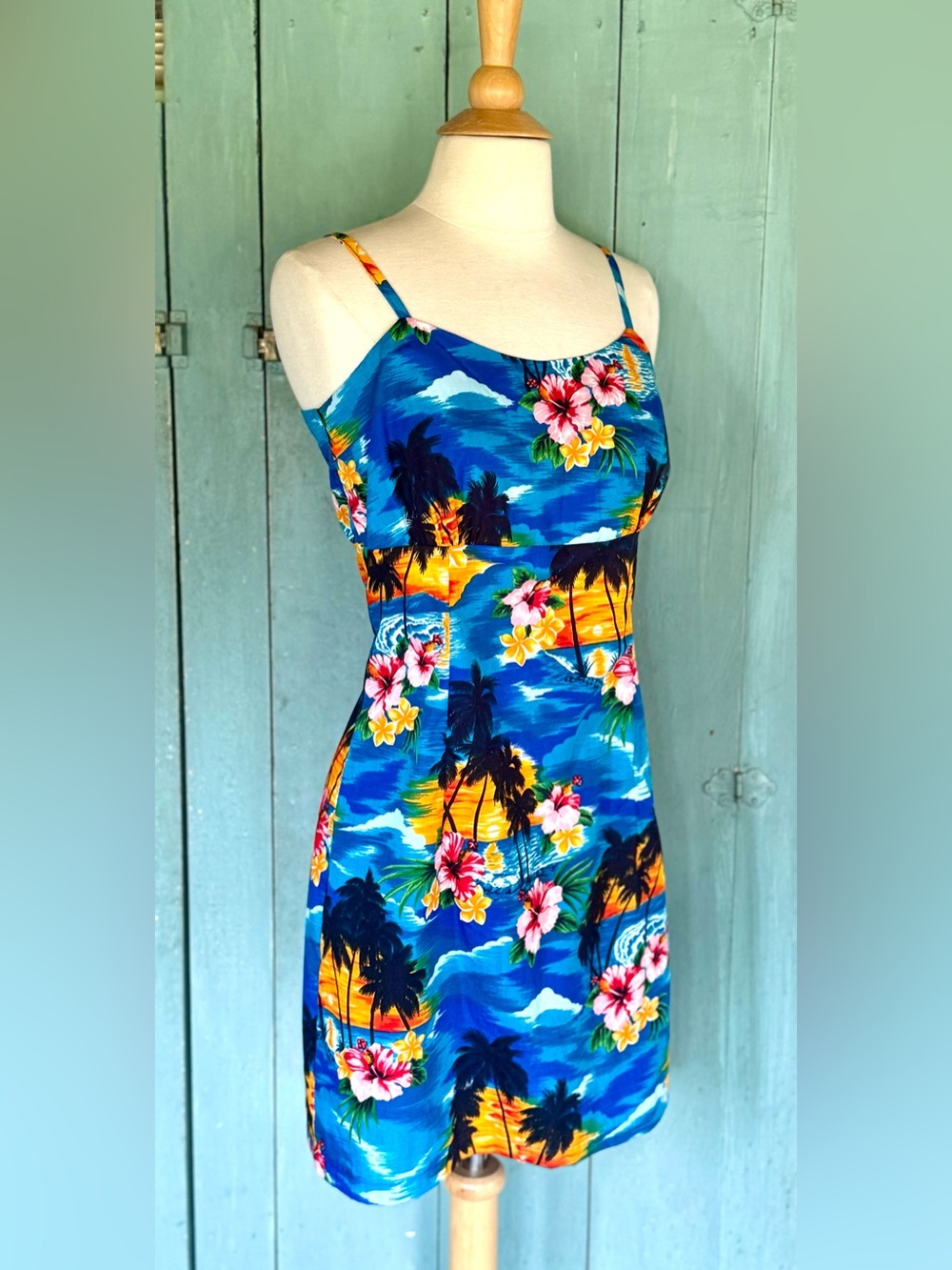 NWT's Pacific Legend Hawaiian Mini Dress Bold Blue Polished Cotton Hibiscus M